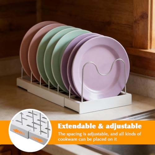 Pots and Pans Organizer for Cabinet, Expandable Pot Rack with 11 Adjustable Dividers, Pan Pots Organizer for Cookie Sheets, Cutting Boards, Pot Lids, Cookware(COLOR:White)
