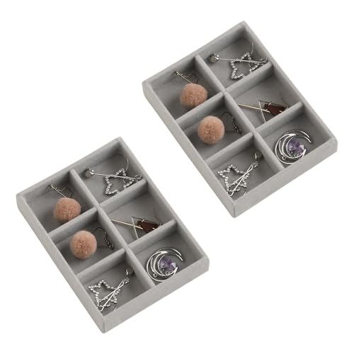 Frebeauty Small Jewelry Tray Set,Stackable Velvet Jewelry Organizer Tray,Mini Jewelry Drawer Organizer,Drawer Inserts,4.92 x 3.74 x 0.9 Inches,6 Grid Earring Organizer for Women(Set 2,Grey) - color: Grey, size: 6 Grids Set 2