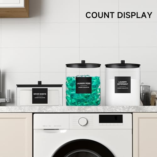 Glass Jars and Acrylic Dryer Sheet Holder, Laundry Pods Container with Bamboo Lid and 27 Labels, Powder Detergent Containers for Laundry Room Organization, Storage Jars Set (3 Pack, Black) - color: Black