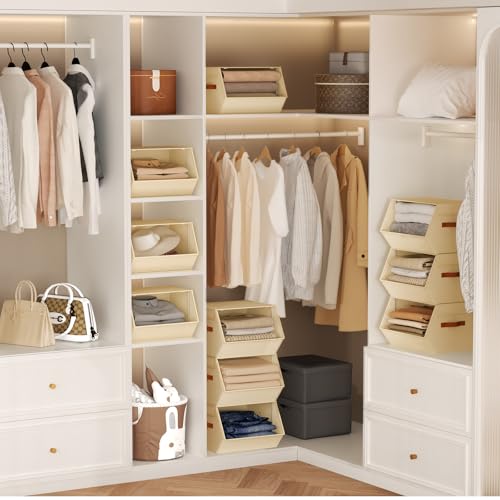 Stackable Closet Organizers and Storage Bins, Open Front Closet Shelf Organizer System With Steel Frame, Clothes Storage Basket Fabric, Collapsible Closet Drawers for Wardrobe, Nursery ,Toy, 4 Pack - color: Beige, size: 15.4 x 12.60 x 9.88. - 4 Pack