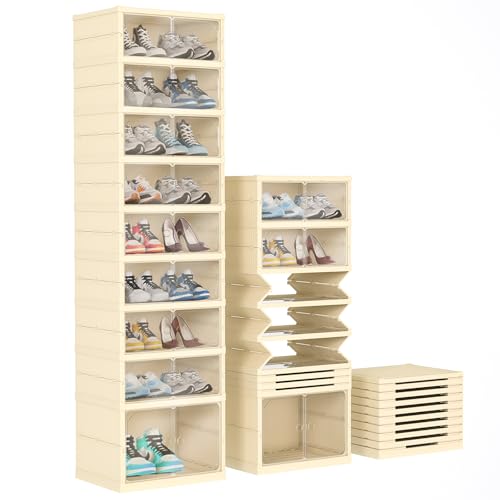 FAHKNS Shoe Storage Box, 9 Tiers Easy Assembly Foldable Plastic Shoe Rack with Clear Door, Stackable Shoe Storage Bins Shoe Organizer for Entryway Closet - color: Beige, size: 9 Tiers 18 Pairs