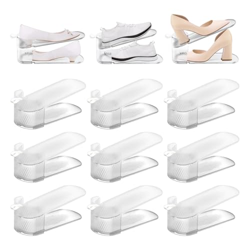 12 Pack Shoe Slot Organizer, Shoe Stackers for a Pair of Shoes, Adjustable Double Layer Stack Shoe Racks Space Saver, Storage Clear Shoe Holder for Closet Organization