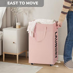 Goodpick Pink Laundry Basket with Wheels & Handles, Laundry Hamper with Removable Wash Bag, Dorm Room Essentials for Girls College Dorm - color: Pink 1-Pack