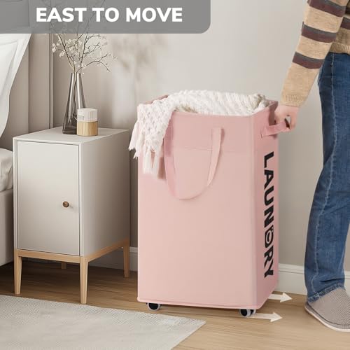 Goodpick Pink Laundry Basket with Wheels & Handles, Laundry Hamper with Removable Wash Bag, Dorm Room Essentials for Girls College Dorm - color: Pink 1-Pack
