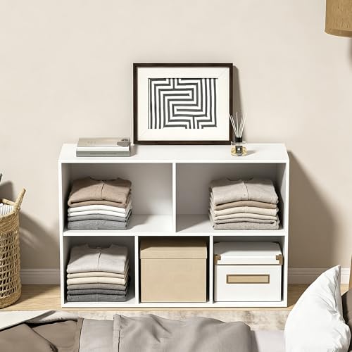 Wooden 5 Cube Storage Organizer with Closed Back Panel,White Cube Shelf Cubby Storage Organizer with Compartments for Living,Bookshelf, Easy to Install (White, 5 Cube-11in) - color: White, size: 5 Cube-11in