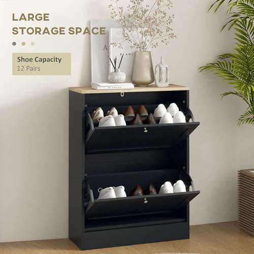 HOMCOM Shoe Storage Cabinet with 2 Flip Drawers, Wooden Freestanding Shoe Organizer with Adjustable Shelves for Entryway, Hallway, Black - color: Black, size: 23.6" x 9.3" x 31.5"