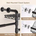 Wall Mounted Garment Rack, Walk-in Closet System with Expandable Rods, Adjustable Shelves, Industrial Pipe Clothing Racks, Hanging Clothes Organizers and Storage, Metal Closet Shelving Wardrobe - color: Black