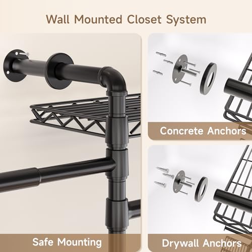 Wall Mounted Garment Rack, Walk-in Closet System with Expandable Rods, Adjustable Shelves, Industrial Pipe Clothing Racks, Hanging Clothes Organizers and Storage, Metal Closet Shelving Wardrobe - color: Black