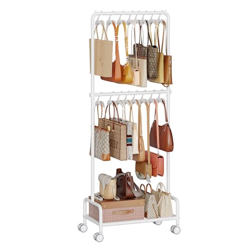 Hayexiha 3-Tier Purse Organizer for Closet with 16 Wide Hooks, Rolling Purse Rack Stand with Wheels for Purse Storage, Adjustable Handbag Organizer, Large Tall Purse Storage Organizer for Small Place