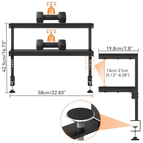 IBUYKE Clamp on Desk Shelf, 22.8” Large Desk Extender Shelves,Tool-Free Flexible Repositioning and Adjustable 2-Tier Storage Shelves for Desktop Accessories Below Desk TMZ010B - color: Black