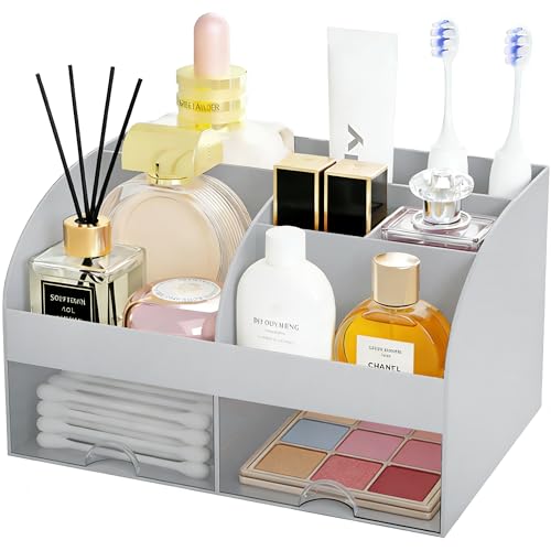 Makeup Organizer with 2 Drawers, Cosmetic Storage for Dresser Vanity and Bathroom Countertop,Make up organization and Skincare Storage with Beauty Brush Holder, Cosmetic Display Case (Grey) - color: Grey