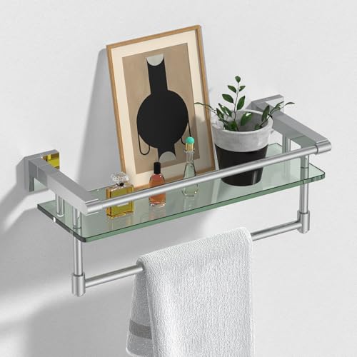 Glass Shelf for Bathroom 16 in Bathroom Shelves with Towel Bar Tempered Glass Shelves with Stainless Steel Towel Holder for Wall (Chrome Polished) - color: Chrome Polished, size: 16-inch with Railing