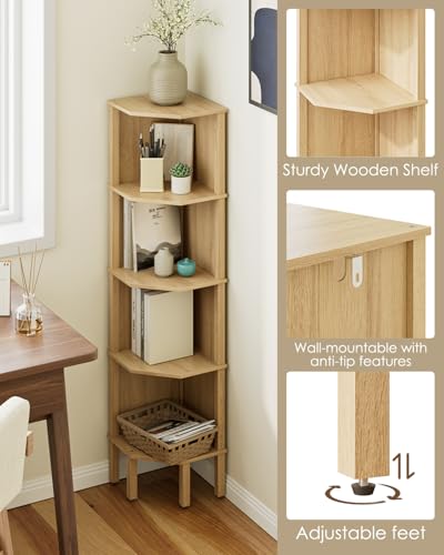Corner Shelf, 5 Tier Corner Bookshelf, Display Corner Shelf Stand with Storage Rack, Wall Corner Bookshelf for Living Room, Bedroom, Office, Oak - color: Oak Without Light