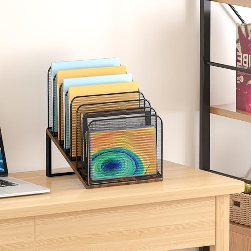 Piskyet Wooden Desk File Organizer, 7-Section Vertical File Folder Holder Stand,Metal Mail Paper Chromebook Organizer for Teacher Desk Office Classroom Desktop Organization（Inclined） - size: 7-Section Inclined
