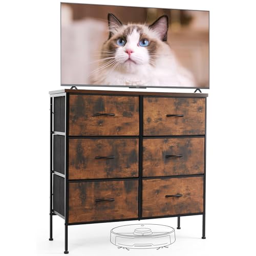 Sweetcrispy Dresser for Bedroom with 6 Storage Drawers, Fabric Storage Tower Organizer, Chest of Drawers with Metal Frame Wooden Top for Closet, Living Room, Entryway, Rust Brown - color: Brown, size: 31.5"D x 11.8"W x 31.5"H (6 Drawers)