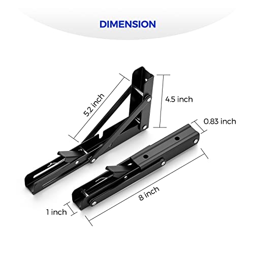 Ravinte 2 Pack 8 Inch Folding Shelf Brackets – Matte Black, Heavy Duty Collapsible Brackets for Tables and Benches – Space-Saving Design - size: 8 Inch