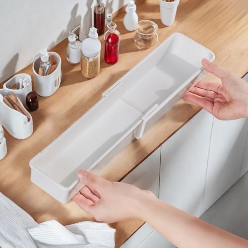 4 Pcs Adjustable Drawer Organizers, Extendable Plastic Dividers for Kitchen, Bathroom, Office Utensil, Cutlery, and Office Supply Storage, White Tray Set