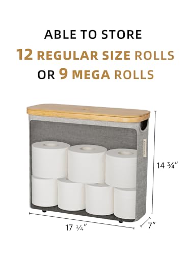 StorageWorks Toilet Paper Storage with Bamboo Lid, Toilet Paper Holder Basket for Up to 9 Mega or 12 Regular Size Rolls, Medium Paper Storage Baskets for Bathroom, Grey, 1 Pack - color: Grey, size: Medium