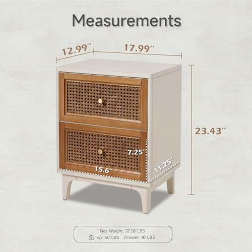 COZAYH Set of 2 Fully-Assembled 2-Drawer Woven Cane Front Accent Nightstand with Brass Knobs, Distressed White - color: Distressed White, style: 2 Drawer/2 pack