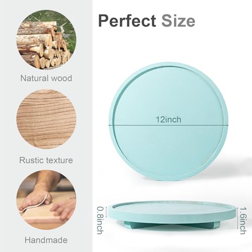 Round Decorative Tray Wood Bathroom Counter Organizer Farmhouse Kitchen Decor Wooden Riser for Soap Dish, Perfume, Candle, Sponge, 12" - Light Blue - color: Light Blue, size: 12"