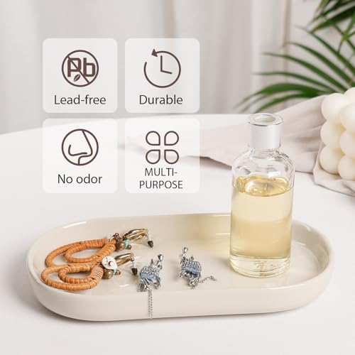 Ceramic Jewelry Tray – Oval Vanity Dish for Rings, Earrings, Bracelets – Minimalist Decorative Trinket Holder for Dresser, Bathroom, Nightstand – Cream White - color: Cream_1pcs