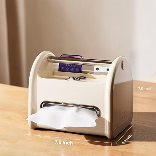 Tissue Box Cover Rectangular with Storage Tray, Multifunctional Facial Tissue Holder and Desk Organizer Napkin Holder - Phone Holder for Car Bathroom Office Living Room Bedroom - White - color: Cream White