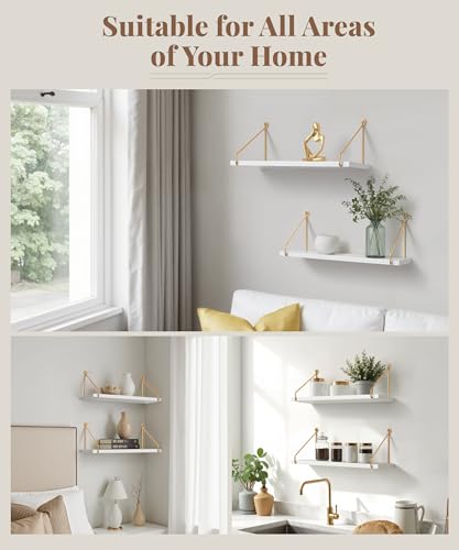 Afuly Floating Shelves for Wall, Metallic Gold White Wall Mounted Shelves, Shelves for Bathroom Kitchen Bedroom Solid Wood Metal Chic Bookshelf, Set of 2 - color: White & Gold, size: 5.7"D x 16.5"W