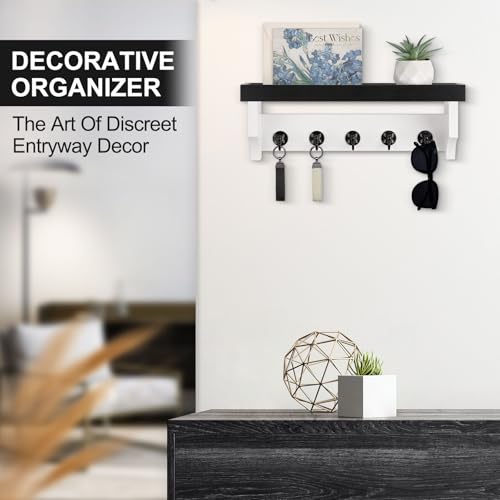 Key and Mail Holder Wall Mount, Key Holder with Shelf and Mail Organizer Wall Mount. Mail Holder with 5 Hooks for Coat, Dog Leash, Home Decor Rack, Entry Way Organizer (Black & White) - color: Black & White