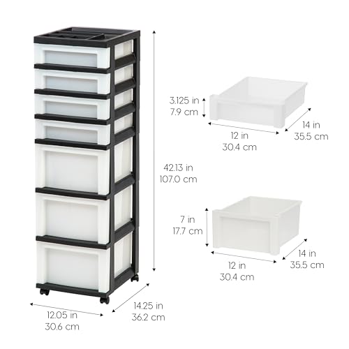 IRIS USA Plastic Drawer Storage Organizer Rolling Cart, with Wheels Casters, 7-Drawers, for Classroom Art Craft Supplies Dresser Closet Bathroom Laundry Room, Black/Pearl - color: Black, size: 7 Drawer with Wheels