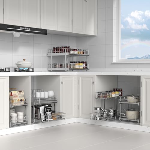ZOINLIY Pull Out Cabinet Organizer, Versatile Slide Out Kitchen Organizers and Storage,Heavy Duty Drawer Cupboard Storage Basket, Smooth Sliding, Chrome Finish (2-Tiers-14¼''W×22“D) - size: 2-Tiers 14¼''W×22“D