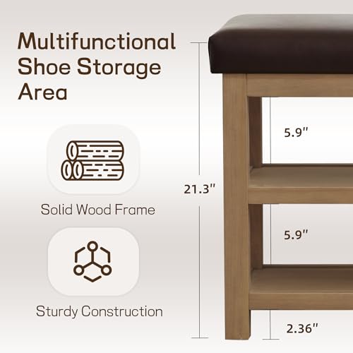 Zihanhome Shoe Rack Bench with Leather Cushion, 2 Tier Solid Wood Storage Bench, Mid-Century Modern Shoe Bench for Entryway, Hallway, Closet, Front Door Entrance, Foyer (Dark Brown, 46.5) - color: Dark Brown, size: 46.5"