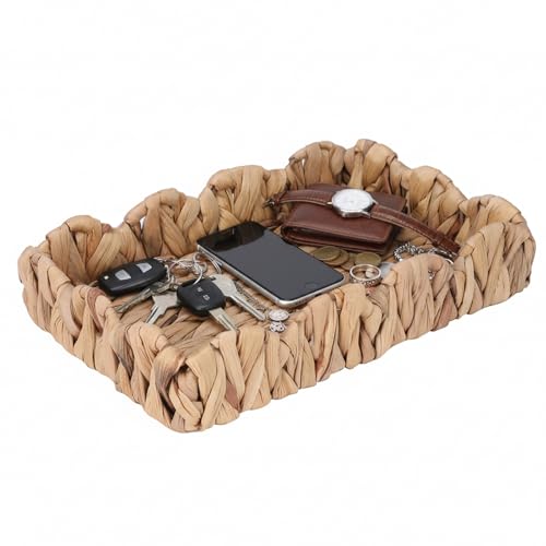 Rustic Wicker Key Basket for Entryway Table, Handwoven Valet Catchall Tray for Dresser, Decorative Petal-Arc Border Trays for Keys Wallet & More, 12"x8"