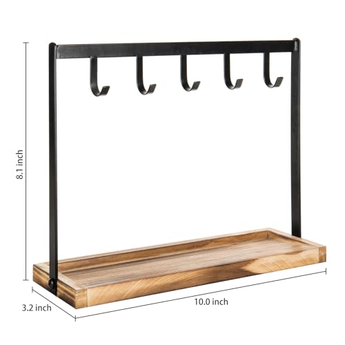 MyGift Black Metal Entryway Key Holder with 5 Hooks and Burnt Wood Base, Tabletop Necklace and Jewelry Organizer Rack with Ring Tray - color: Burnt Wood
