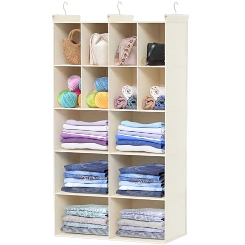 Ofiray-home 5 Tier Hanging Closet Organizer, 14 Compartments Sweater Organizer for Closet with 3 Sturdy Hooks, Closet Organizers and Storage, Wardrobe, Rv, Garment Rack, Beige - color: Beige, size: 5-Tier