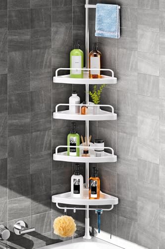 HAMITOR Corner Shower Caddy Tension Pole: Adjustable Stainless Steel Shower Organizer with 4 Tier Shelf for Bathroom Bathtub Tub Shampoo - Floor Standing Rack Bath Storage Holder with Rust Proof Rods - color: Silver