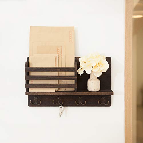 Dahey Wall Mounted Mail Holder Wooden Key Holder Rack Mail Sorter Organizer with 4 Double Key Hooks and A Floating Shelf Farmhouse Rustic Home Decor for Entryway or Mudroom,15.7"W x9.3"Hx3.2"D, Brown - color: Brown