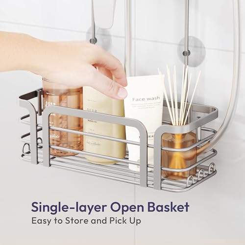 SWTYMIKI Shower Caddy Hanging Organizer - Over the Door Shower Caddy with 6 Hooks, 2 Installation Ways, Stainless Steel Rustproof Bathroom Organizer, Sand Nickel - color: Sand Nickel-1 tier