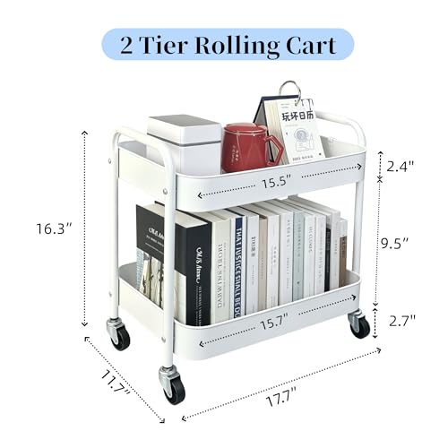 2 Tier Metal Rolling Cart with Wheels for Under Desk Storage & Pantry Storage, High Load-Bearing Kitchen Utility Cart for Small Space, Laundry Room Organization Side Table with 4 Hooks, White - color: White, size: 2-tier