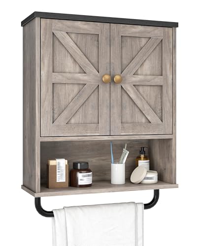 CHOEZON Bathroom Wall Cabinet, Medicine Cabinet with Open Partition and Towel Bar, Rustic Storage Cabinet with Open and Hidden Storage Space, for Bathroom, Living Room, Greige and Charcoal Black - color: Greige and Charcoal Black, size: 7.1"D x 18.9"W x 2