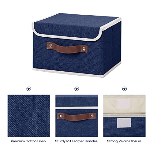 ANMINY Storage Bin with Lid Storage Boxes with PU Leather Handles PP Plastic Board Decorative Foldable Lidded Cotton Linen Fabric Home Cubes Baskets Closet Organizer Container - Blue, Small Size - color: Blue, size: Small (Pack of 1)