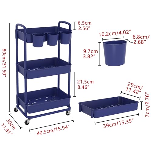 JIUYOTREE 3-Tier Plastic Rolling Storage Cart Utility Cart with Extra Hanging Cups Handles Lockable Wheels for Living Room Bathroom Kitchen Office Blue - color: Blue, size: 3-Tier