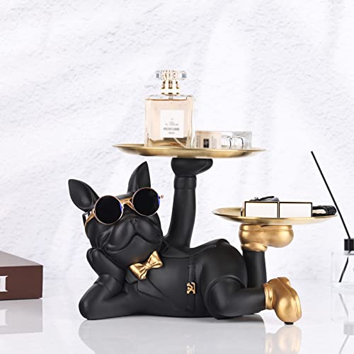 Bulldog Tray Statue - Bulldog Butler with Storage Tray for Entryway Key Holder, Ring Holder, Living Room Coffee Table Candy Dish, Modern Home Office Desktop Decor (Black)