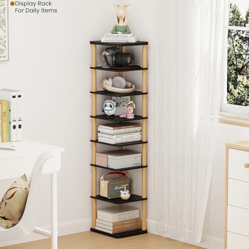 LUCKNOCK Vertical Shoe Rack, 8-Tier Tall Narrow Shoe Organizer for Entryway, Closet, Dorm & Small Spaces, Freestanding Wooden Shoe Shelf Tower for Boots, Sneakers, Heels. (Black) - color: Black