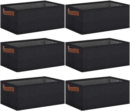 GhvyenntteS Small Fabric Storage Bins 6 Pack, 11.8" x 7.87" x 5.11" Storage Basket with Leather Handles, Closet Storage Bins for Shelves, Storage Baskets for Shelves, DVD Storage (Black) - color: Black, size: Small-11.8"x 7.87"x 5.11"-6pcs