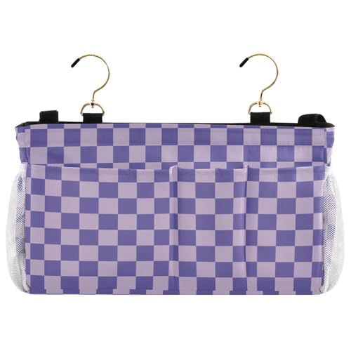 Purple Checkerboard Print Bedside Caddy Storage Bag Bedside Organizer for Bunk Bed Headboards College Organizer Caddy Hanging Shelf 6 Pockets with Hooks for Drinks Magazine Phone Holder - color: Checkerboard Purple