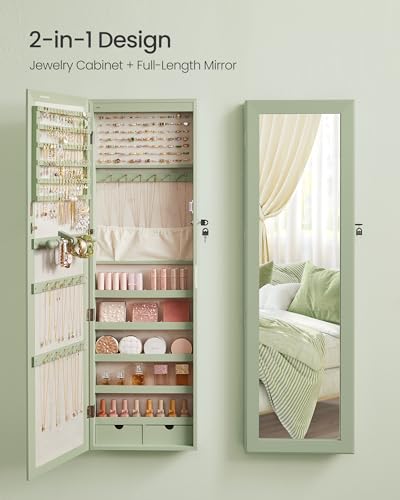 SONGMICS 6 LEDs Mirror Jewelry Cabinet, 47.2-Inch Tall Lockable Wall or Door Mounted Jewelry Armoire Organizer with Mirror, 2 Drawers, 3.9 x 14.6 x 47.2 Inches, Laurel Green UJJC093C01 - color: Laurel Green
