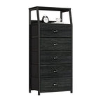 Furnulem Black Dresser with 5 Drawers, Vertical Storage Tower Fabric Dresser for Bedroom, Hallway, Entryway, Nursery, Closet Organizer, Nightstand Bedside Table Furniture, Sturdy Steel Frame, Wood Top - color: Black Oak, style: 5 Drawers