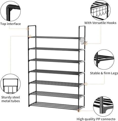 Metal Shoe Organizer,7 Tiers Shoe Storage Shoe Rack with Hooks,Fit 24-30 Pairs,Adjustable Shoe Shelf for Entryway,Hallway,Bedroom,Metal Bottom Support - size: 7 Tier