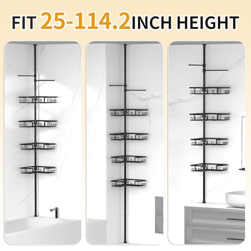 KEGII Shower Caddy Tension Pole with 2 Towel Bars, Corner Shower Organizer Shelves for Bathtub Shampoo Storage, Adjustable Shower Tension Rod with Razor Holder & Hooks - style: Tension Pole with 2 Towel Bars-Black