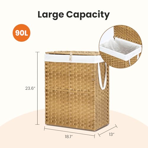 DUMOS Woven Laundry Basket with Lid, 90L Large Capacity Hamper, Removable & Machine-Washable Liner, Foldable Rattan Clothes Hamper, Sturdy Steel Frame, Odor Control, Goose Yellow - color: Goose Yellow, size: 90L